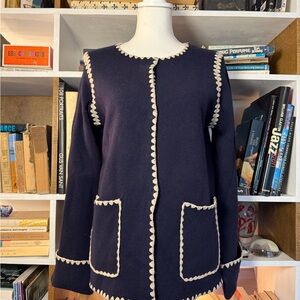 Navy Knit Cardigan with Cream Trim